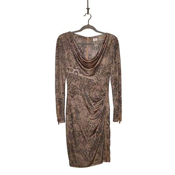 CACHE $178 Gold Gray Shimmer Animal Print Cowl Neck Sheath Dress Small - Picture 1 of 4